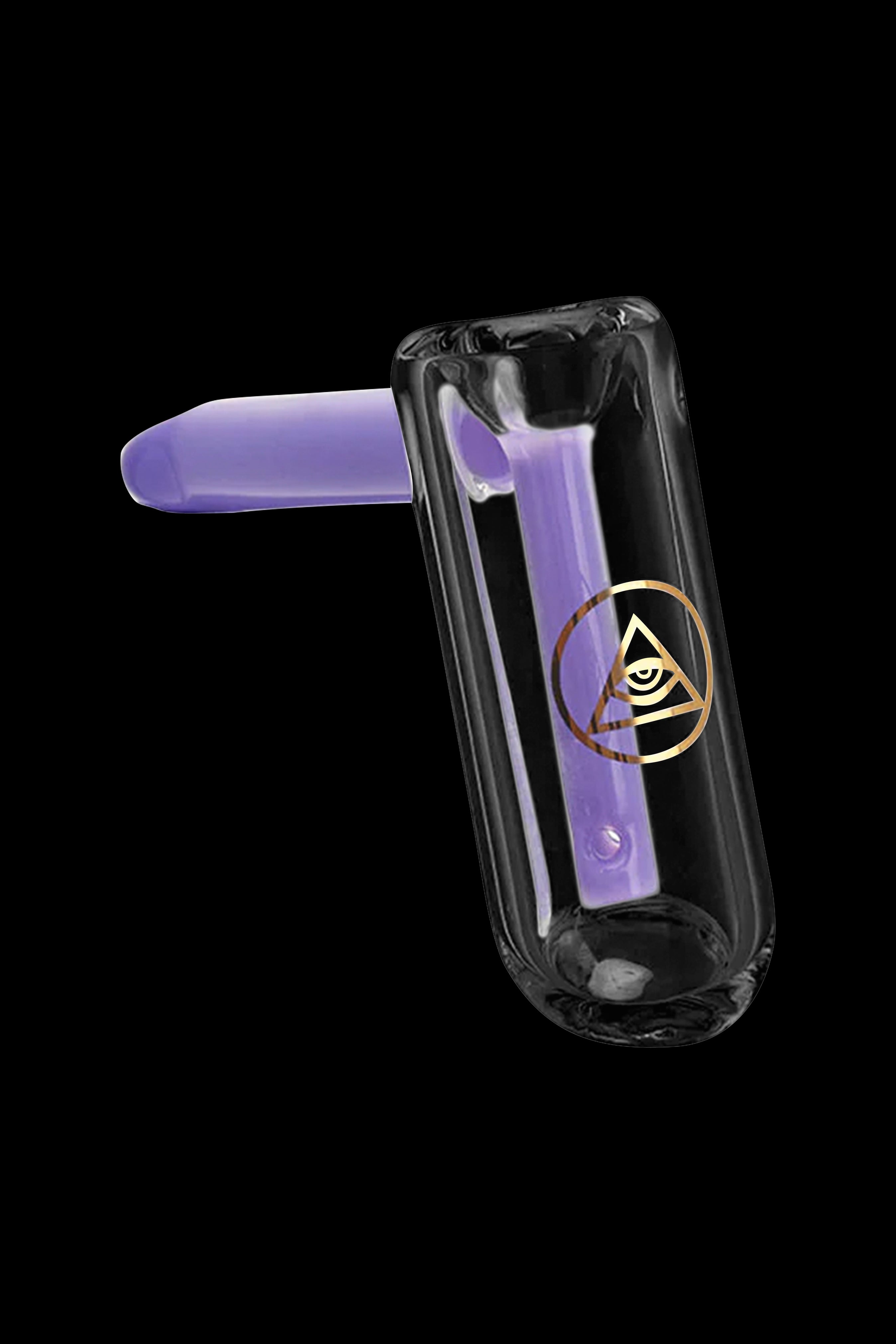 Purple glass oil rig with gold logo against a black background.