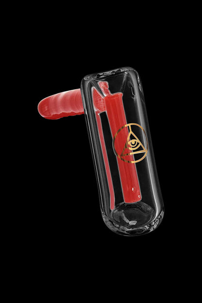 Red glass bubbler with eye-shaped logo.