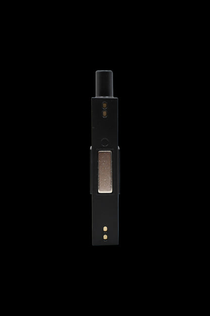 Black cannabis vaporizer pen with visible herb chamber.