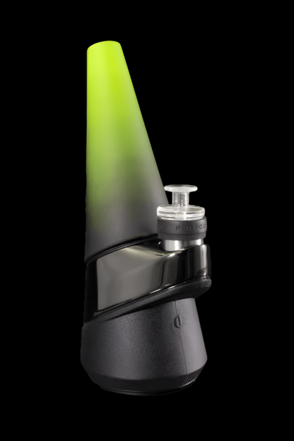 Black Peak cannabis vaporizer with a glowing green glass mouthpiece.