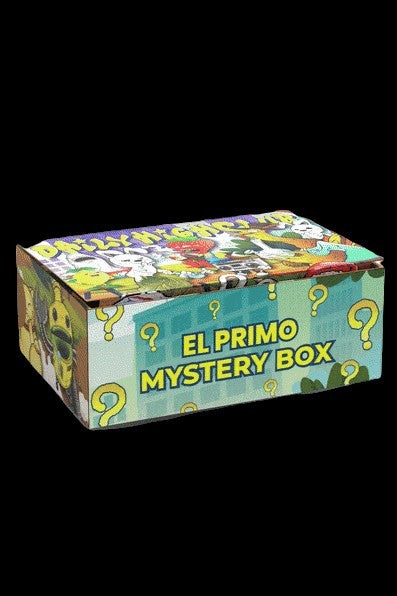 Colorful cardboard “El Primo Mystery Box” with question marks and cannabis leaf illustrations, isolated on a black background.
