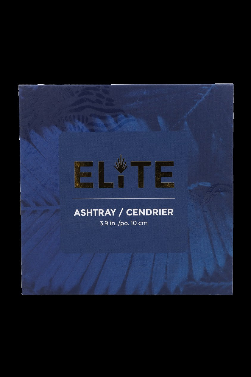 Blue cannabis-leaf patterned box labeled “ELITE” with text indicating it contains an ashtray, size 3.9 in / 10 cm.