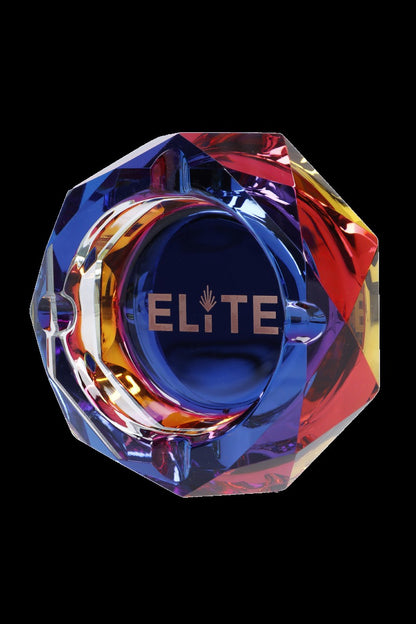 Iridescent glass ashtray with “Elite” logo and cannabis leaf detail.