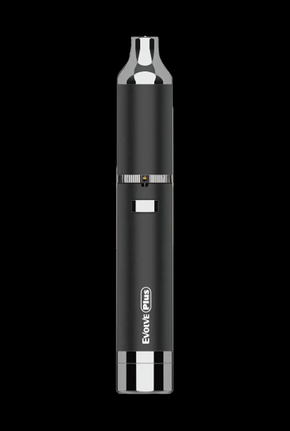 Centered front view of the silver Yocan Evolve Plus (2020) pen against a black background, showing its chrome mouthpiece, power button, and logo.