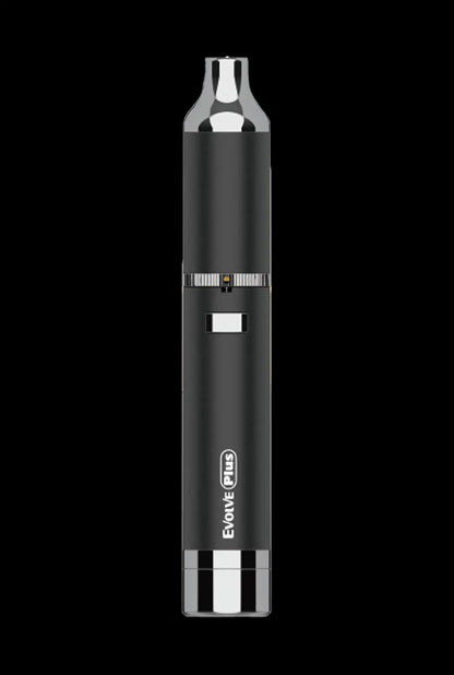 Centered front view of the silver Yocan Evolve Plus (2020) pen against a black background, showing its chrome mouthpiece, power button, and logo.