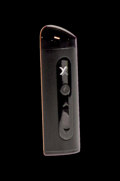 Front view of the Exxus Mini Vaporizer, a sleek, black device presented against a dark, neutral background.