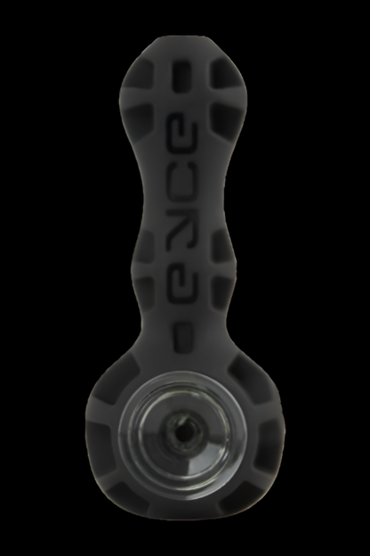 Black glass pipe with the word “peace” vertically etched down the neck.