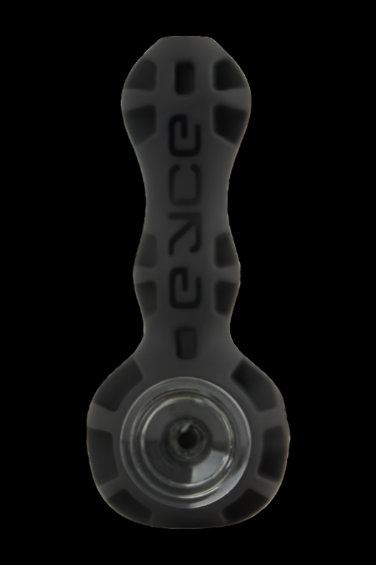 Black glass pipe with the word “peace” vertically etched down the neck.
