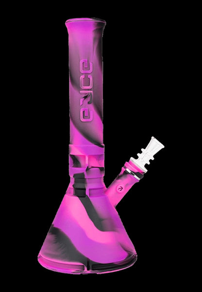 Pink silicone bong with a glass downstem.