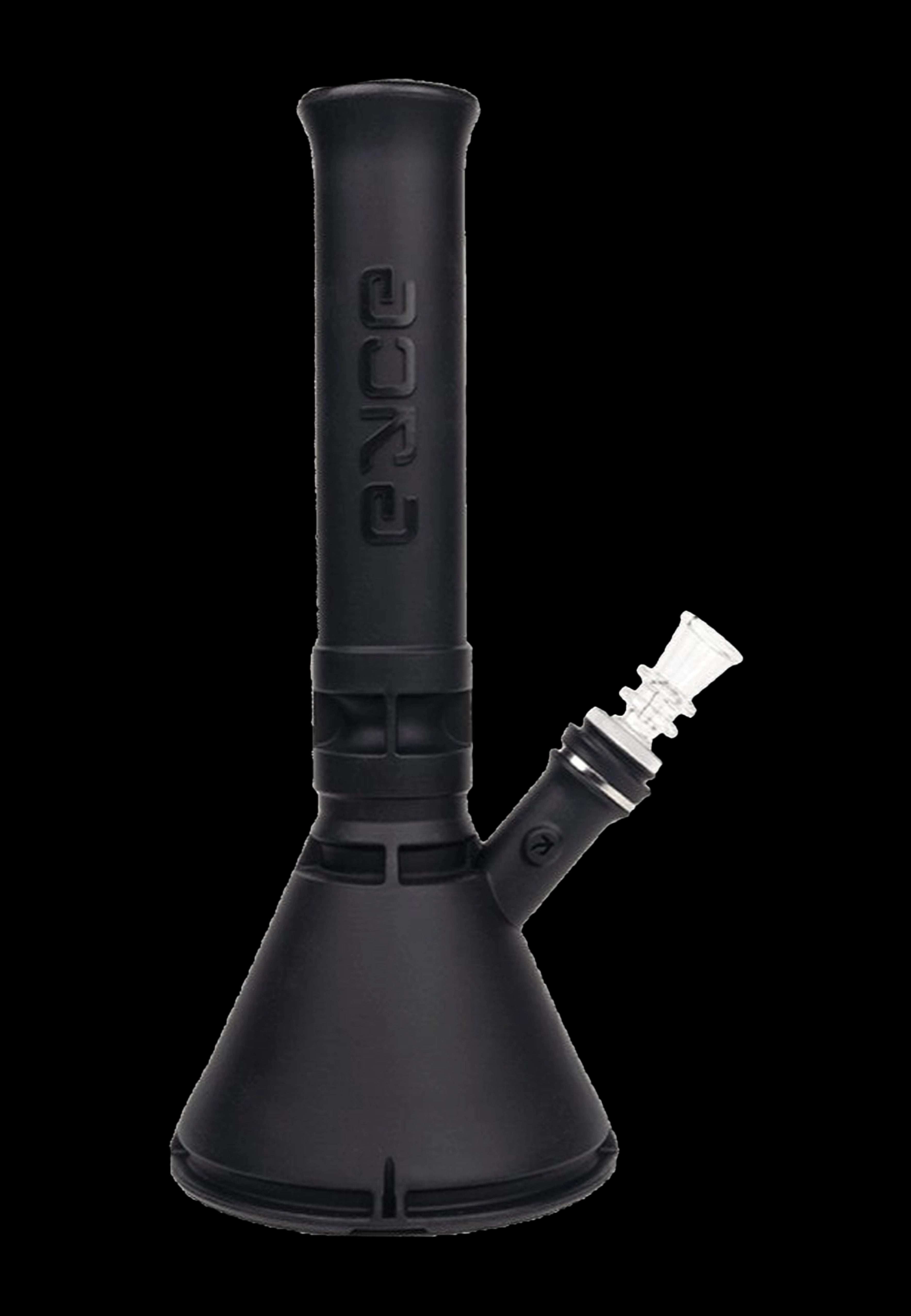 Black silicone bong with a glass downstem.