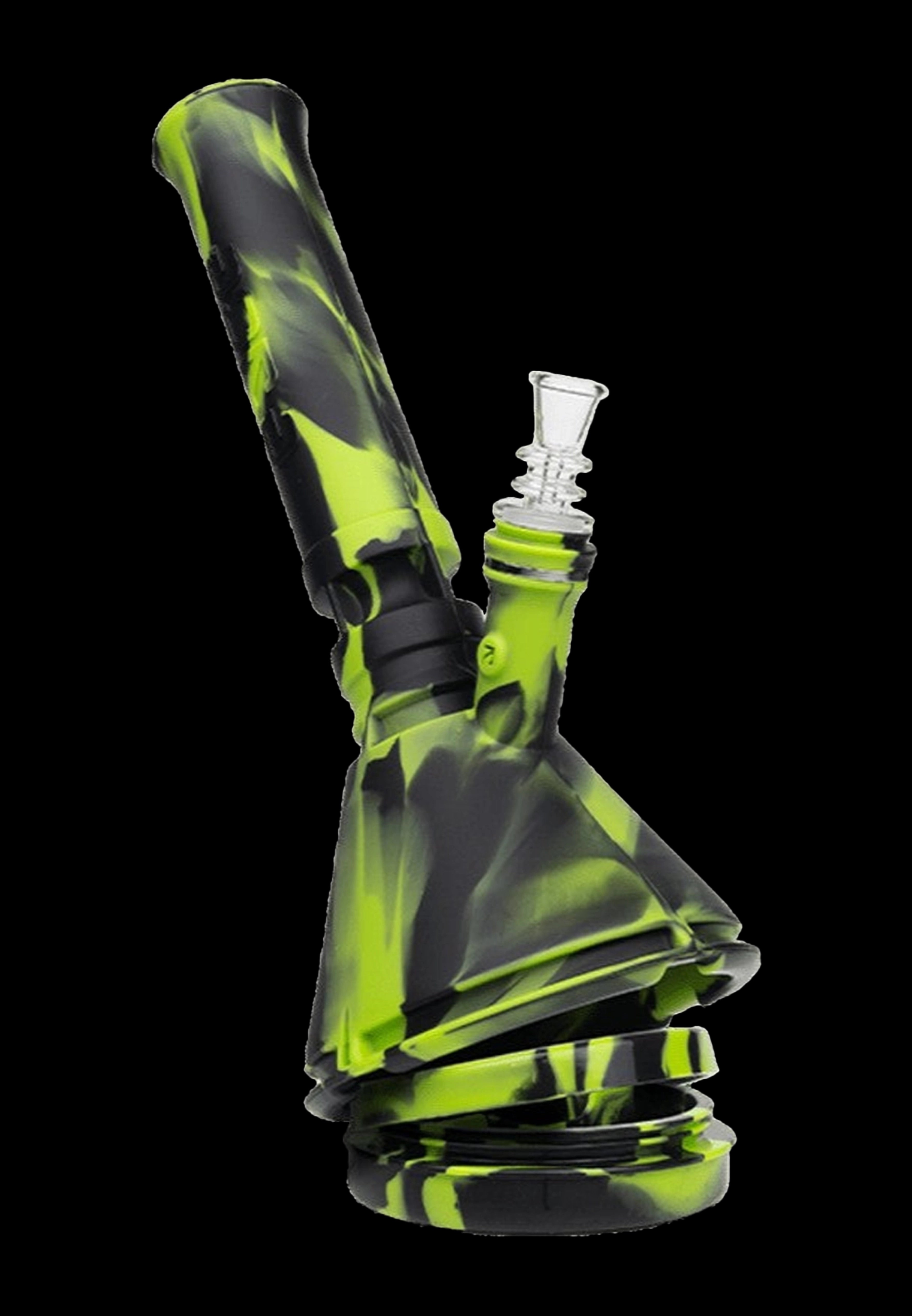 Green and black silicone water pipe (bong) with glass bowl.
