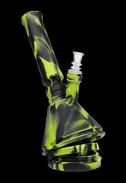 Green and black silicone water pipe (bong) with glass bowl.