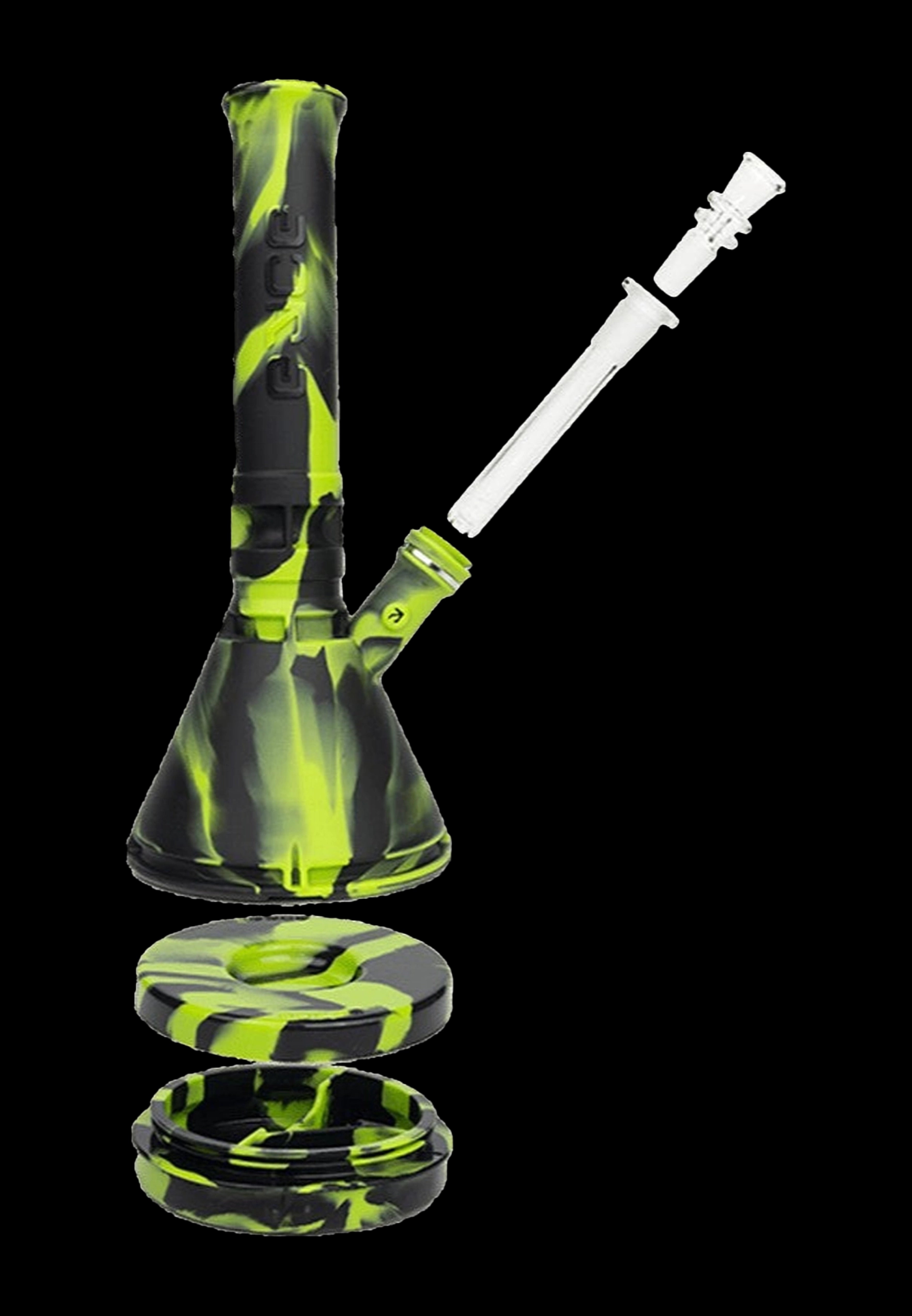 Black and neon green silicone water pipe (bong) with detachable downstem and collection bowl.