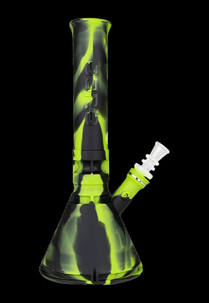 Green and black silicone bong with a glass downstem.