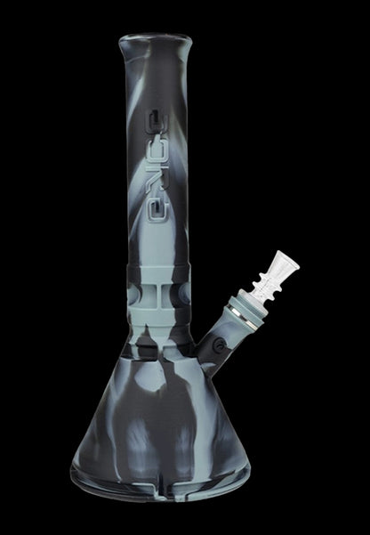 A translucent white and black glass water pipe (bong) with a removable downstem.