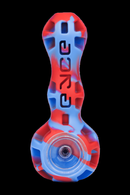 Red and blue glass pipe with "peace" vertically etched along the stem.