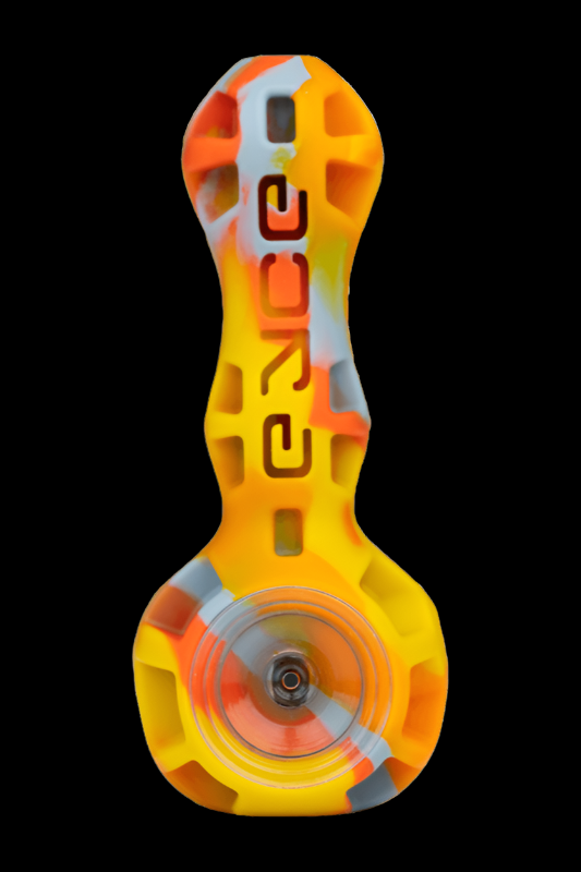 Orange and yellow glass pipe with swirling patterns and “orce” vertically printed on the side.