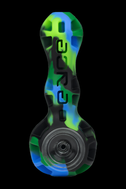 A vibrant glass pipe with a black, green, and blue swirl pattern, displaying the word “CURVE” vertically.