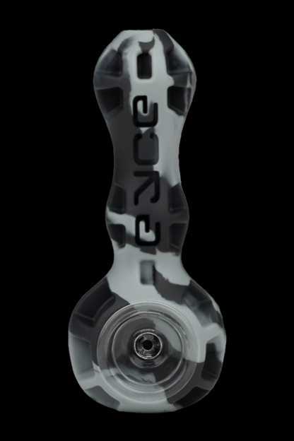Clear glass pipe with black and white splatter pattern, featuring the brand name “BORO” vertically along the neck.