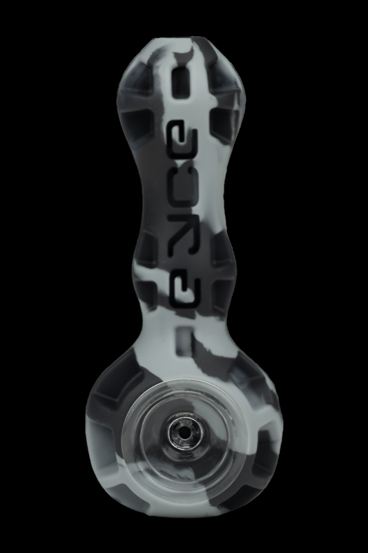 Clear glass pipe with black and white splatter pattern, featuring the brand name “BORO” vertically along the neck.