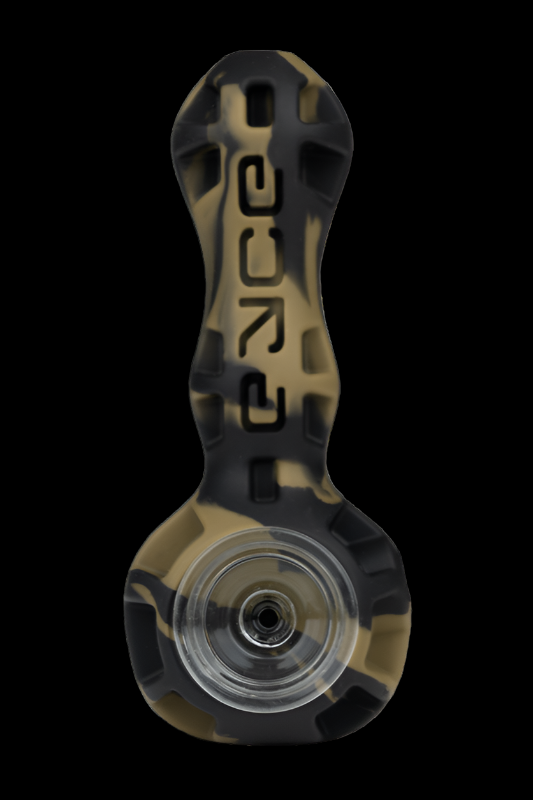 Glass cannabis pipe with black and gold camouflage pattern.