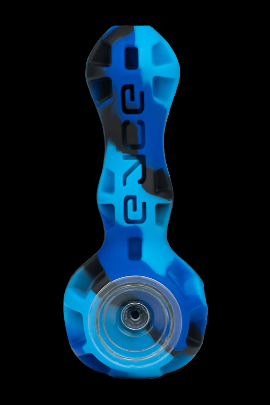 Blue glass pipe with “peace” vertically printed on the side.