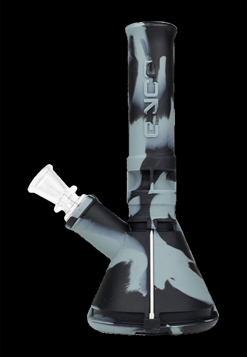 Blue and black glass water pipe (bong) with a clear glass bowl.