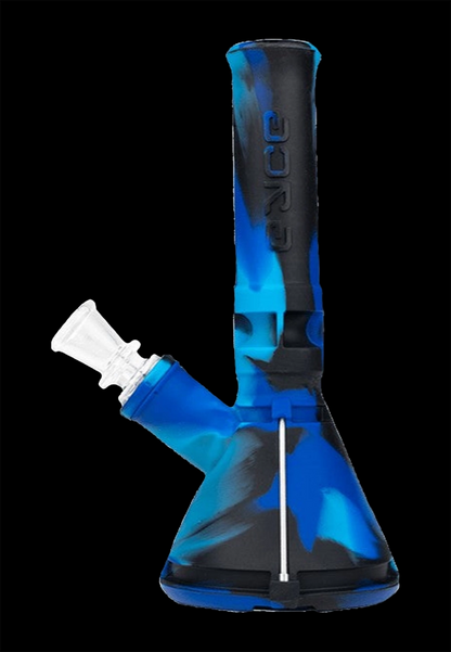 Blue and black silicone water pipe (bong) with a glass bowl.