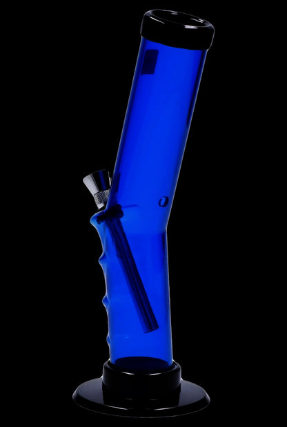 Front view of the 9-inch JM Plastics Bent Neck Straight Tube with Grip Acrylic Water Pipe, showing its clear blue construction.