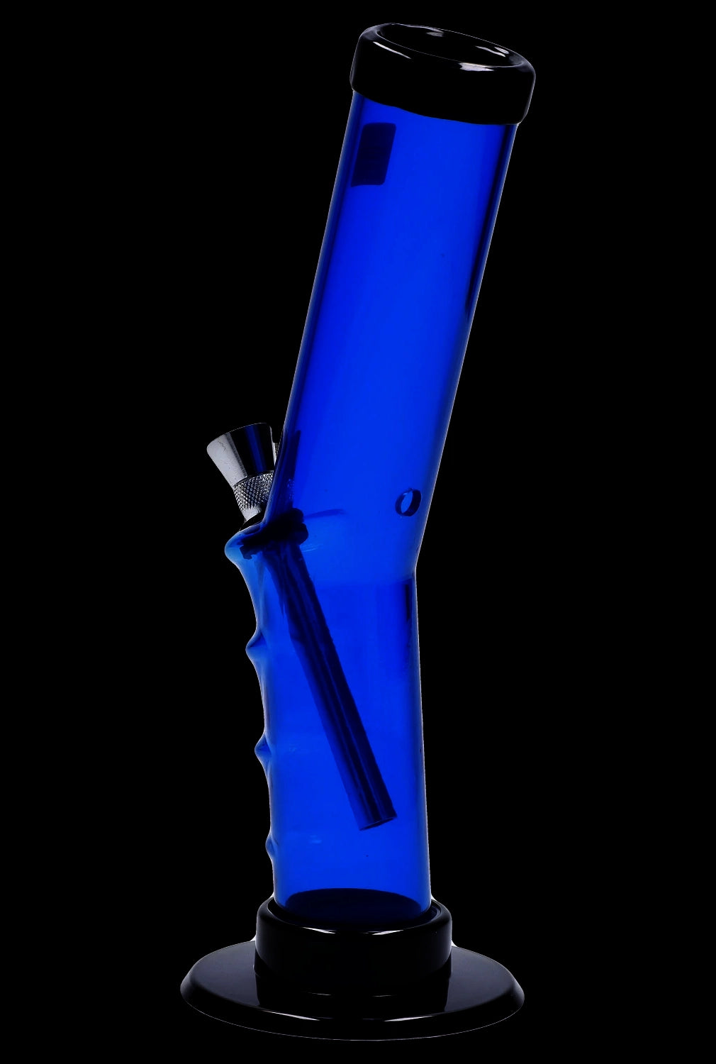 Front view of the 9-inch JM Plastics Bent Neck Straight Tube with Grip Acrylic Water Pipe, showing its clear blue construction.