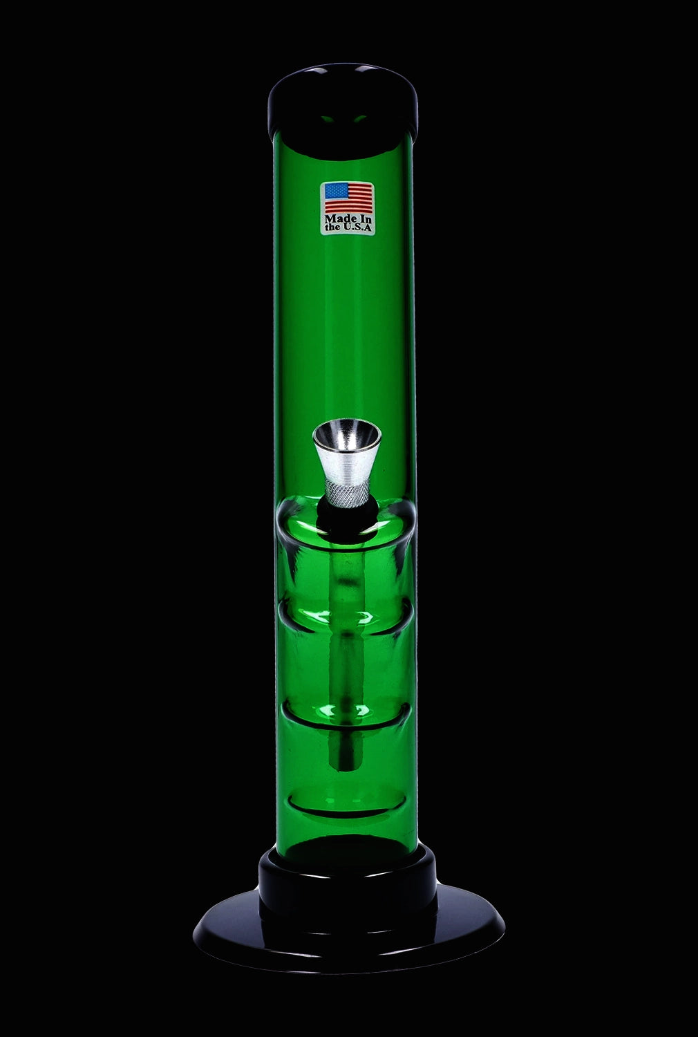 A front view of the 9-inch JM Plastics Bent Neck Straight Tube with Grip Acrylic Water Pipe, showcasing its clear tube design.