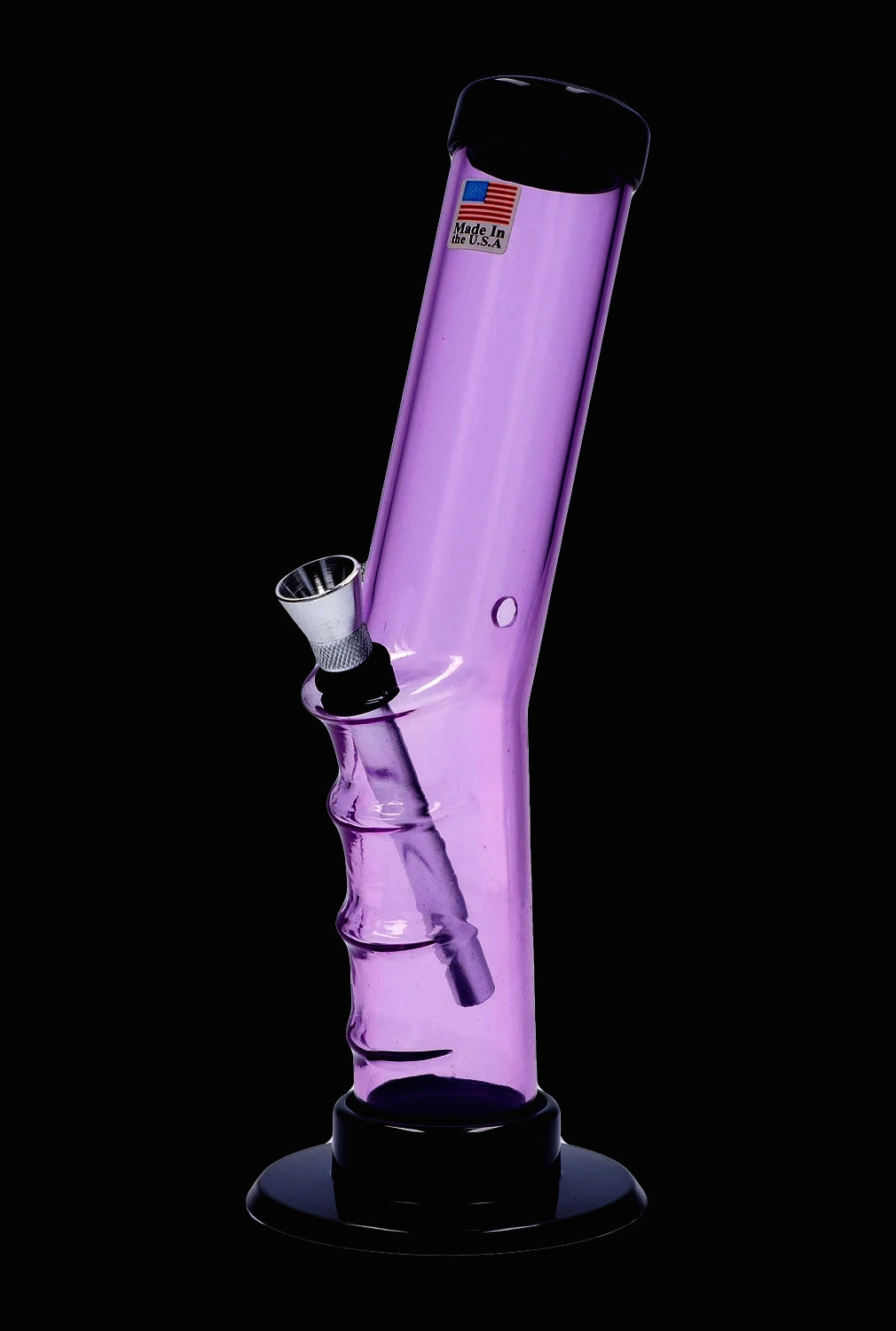 A straight-on view of the 9-inch JM Plastics Bent Neck Straight Tube with Grip Acrylic Water Pipe, showing its clear acrylic construction.