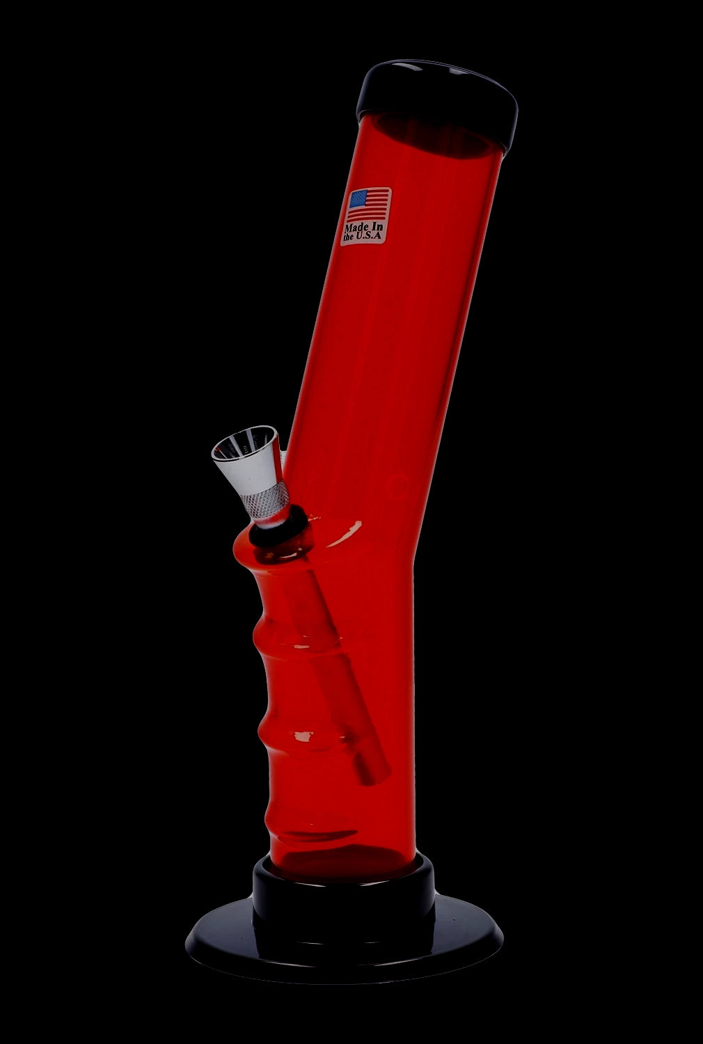 A front view of the 9-inch JM Plastics Bent Neck Straight Tube with Grip Acrylic Water Pipe, showing its sleek, clear design.