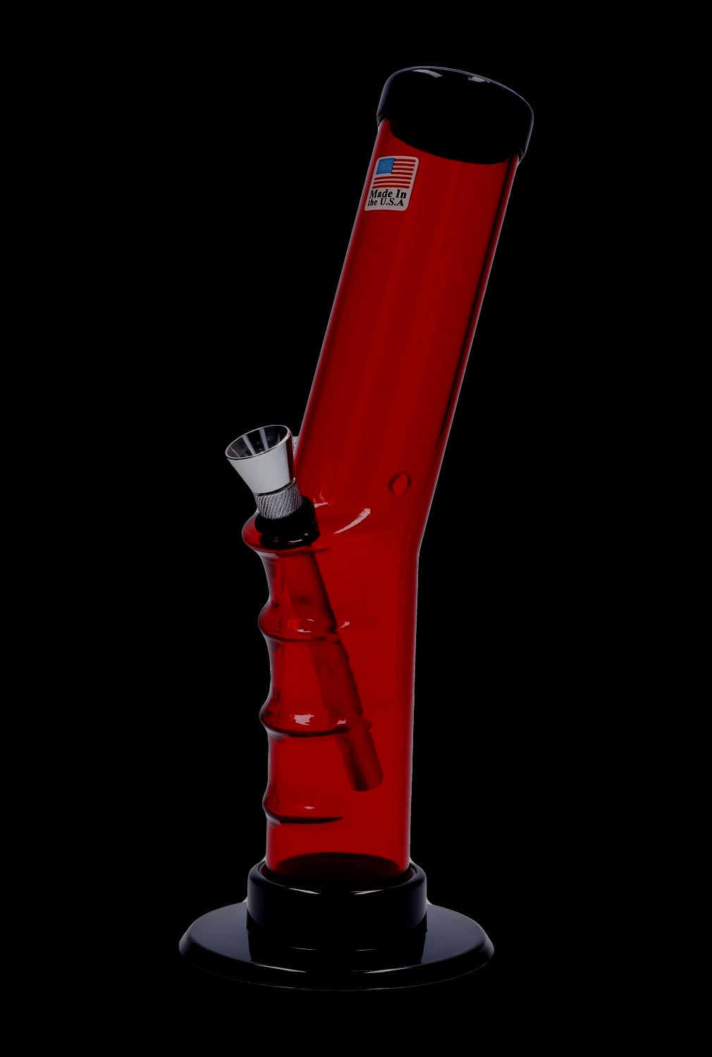A straight-on view of the 9-inch JM Plastics Bent Neck Straight Tube with Grip Acrylic Water Pipe, showing its clear construction and simple form.