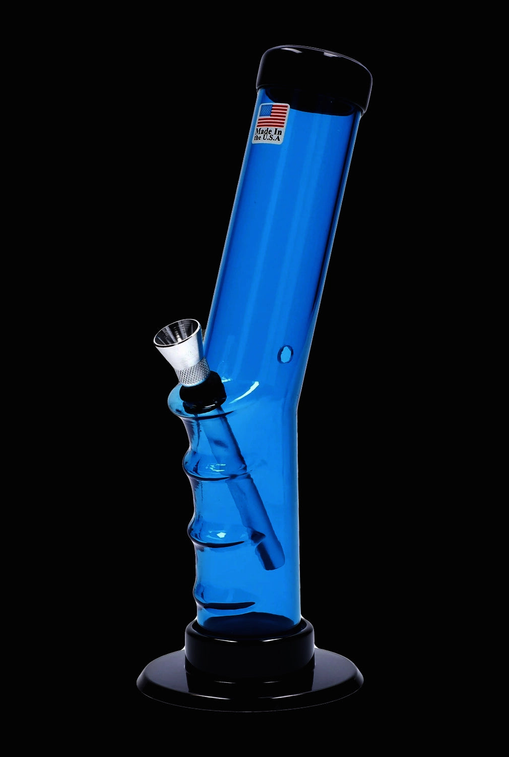 A front view of the 9-inch JM Plastics Bent Neck Straight Tube with Grip Acrylic Water Pipe, showcasing its blue transparent body.