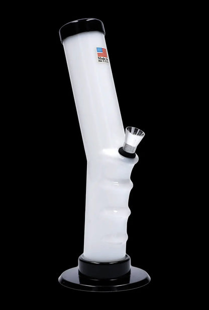 Angled studio shot of the JM Plastics Bent Neck Straight Tube with Grip Acrylic Bong - 9 in., shown in blue-tinted clear material against a black background.