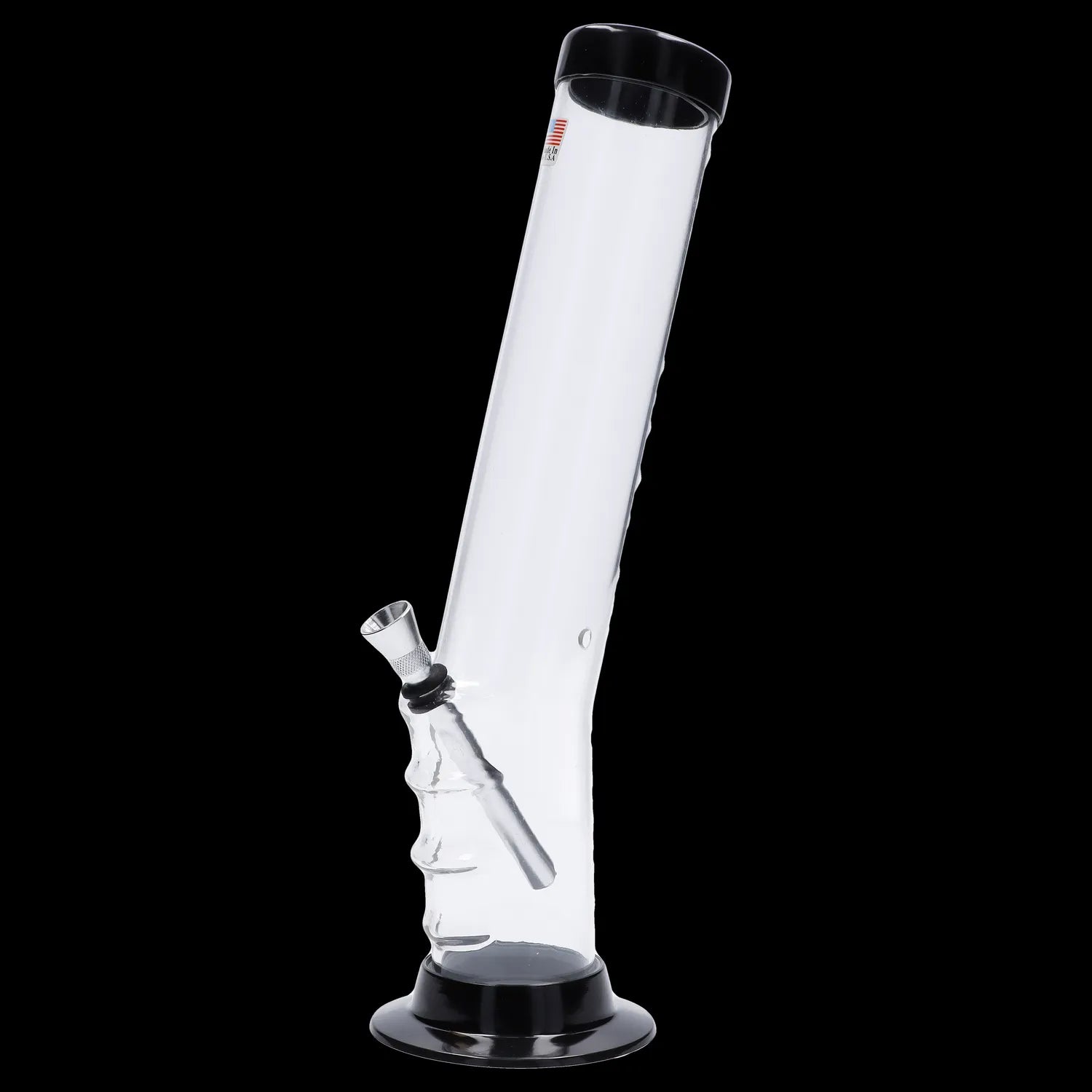 Glass bong with a wide base and angled neck.