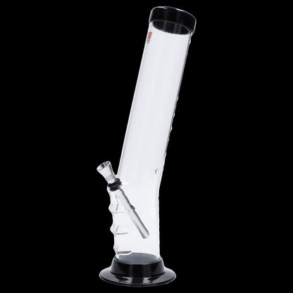 Glass bong with a wide base and angled neck.