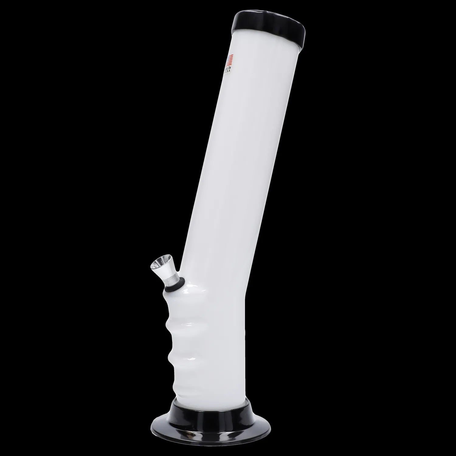 White acrylic water pipe (bong) with a removable glass downstem, isolated on a black background.