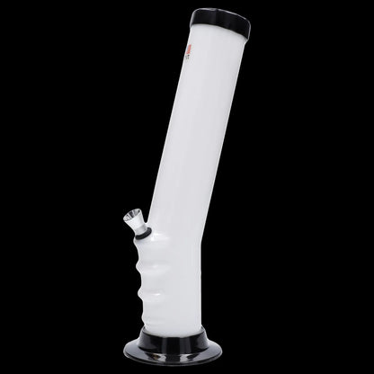 White acrylic water pipe (bong) with a removable glass downstem, isolated on a black background.