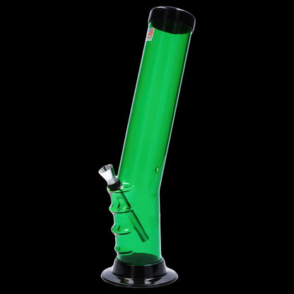 Green glass water pipe (bong) against a black background.