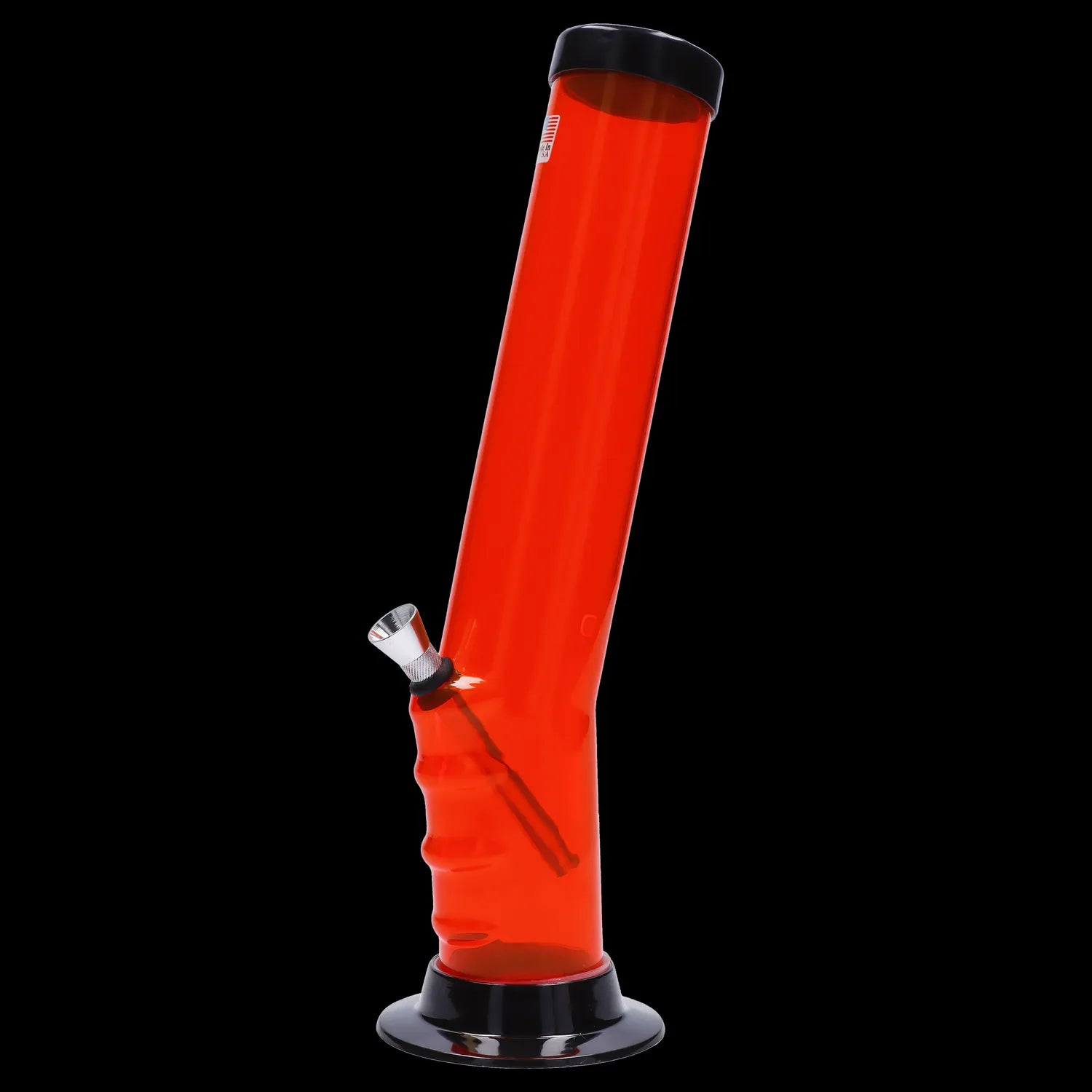 Red acrylic water pipe with a glass bowl.