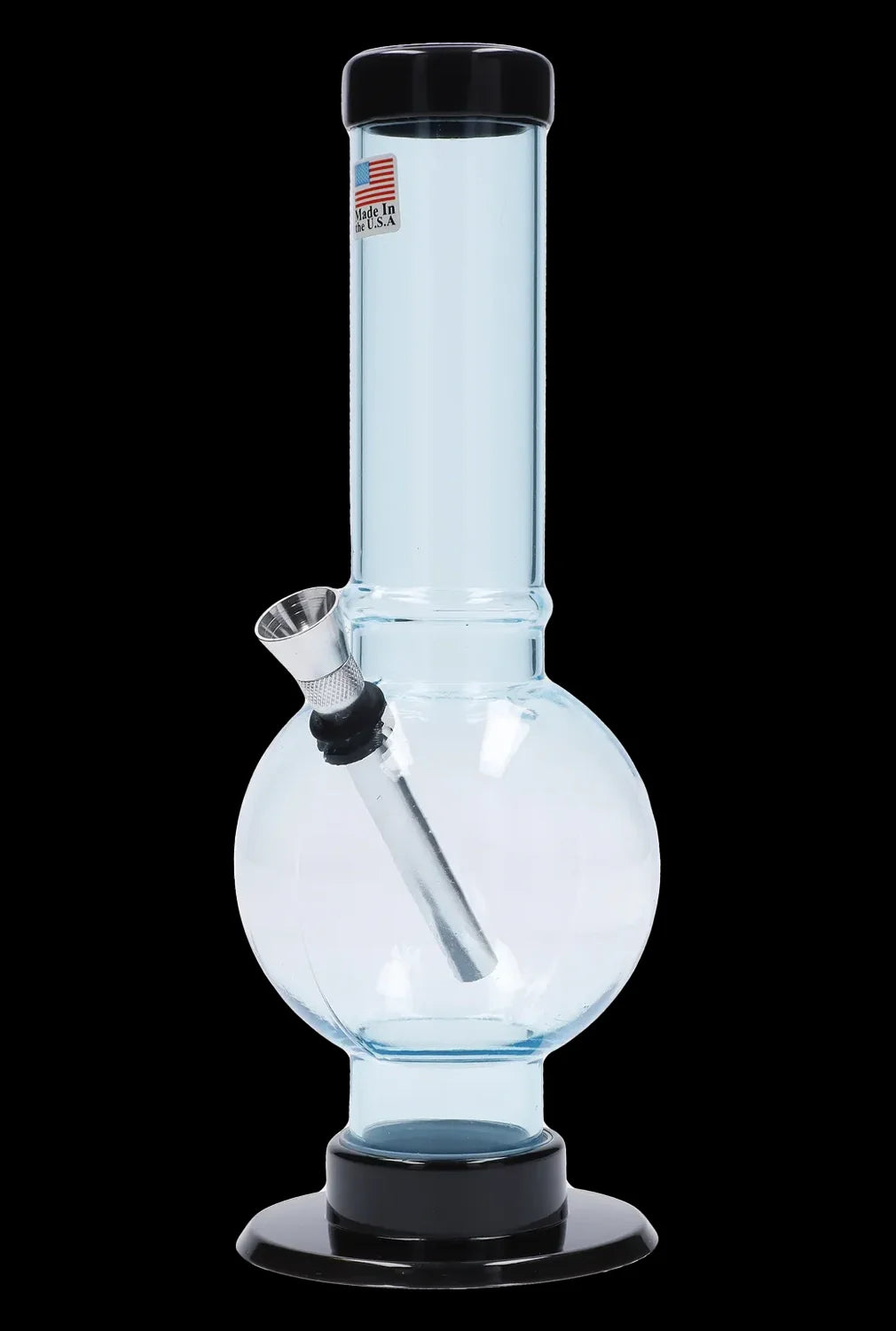 Clear glass water pipe (bong) with a black base and mouthpiece.