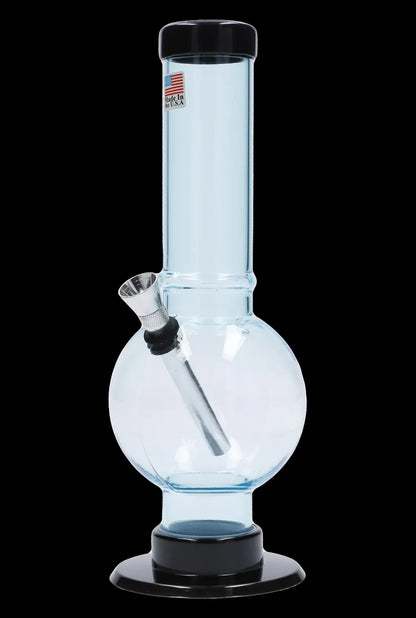 Clear glass water pipe (bong) with a black base and mouthpiece.