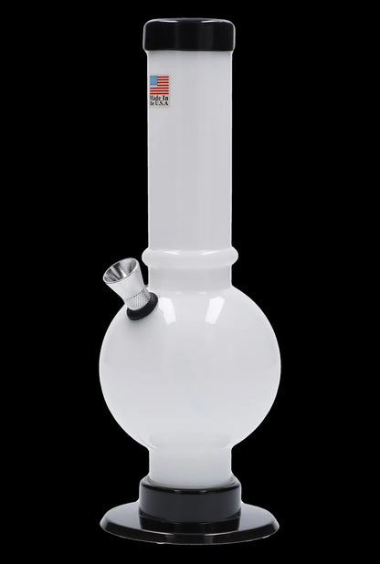 Frosted glass water pipe with a black base and metal downstem.