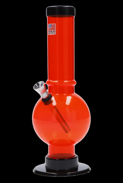 Red glass water pipe (bong) with a flared base and clear glass bowl.