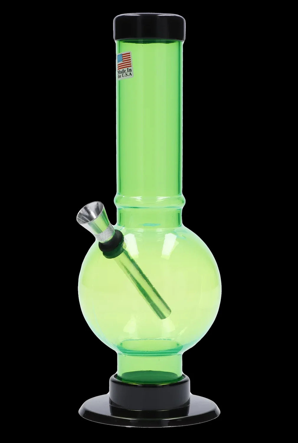 Green glass bubbler water pipe with a black base.