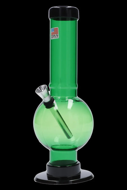 Green glass water pipe (bong) with a flared base and glass bowl.