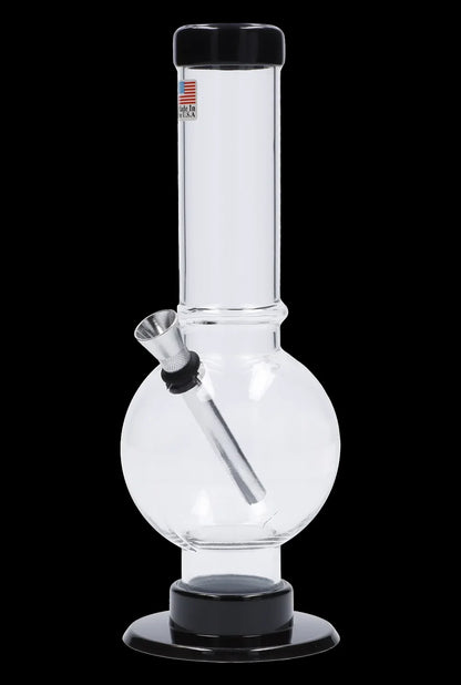 Clear glass water pipe (bong) with a black base and mouthpiece.