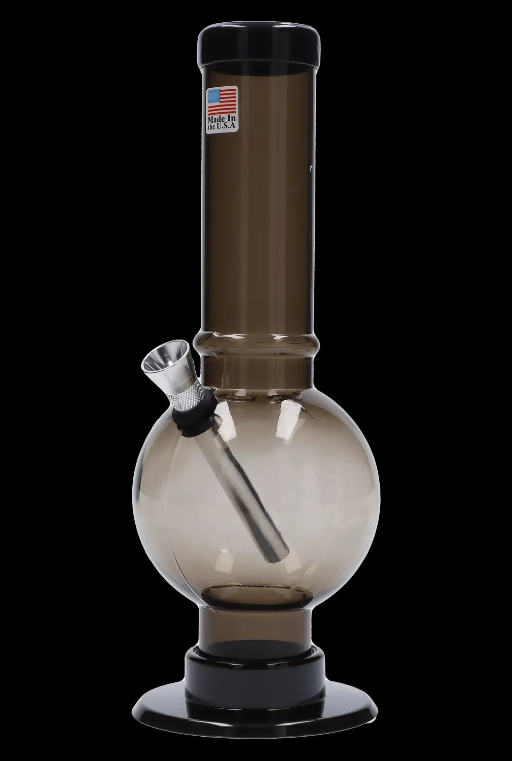 Smoked glass water pipe (bubbler) with a flared base and metal downstem.